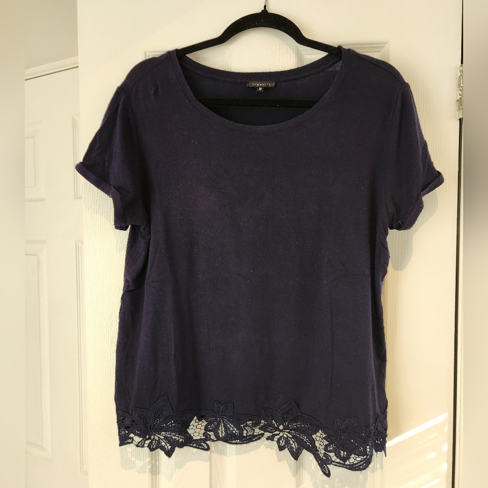Dynamite Navy Lace Hem Short Sleeve Top